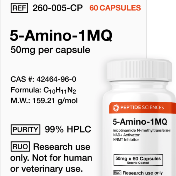 Premium USA PEPTIDE SCIENCES 5-Amino-1MQ 50mg oral research capsules bottle featuring the official product label.