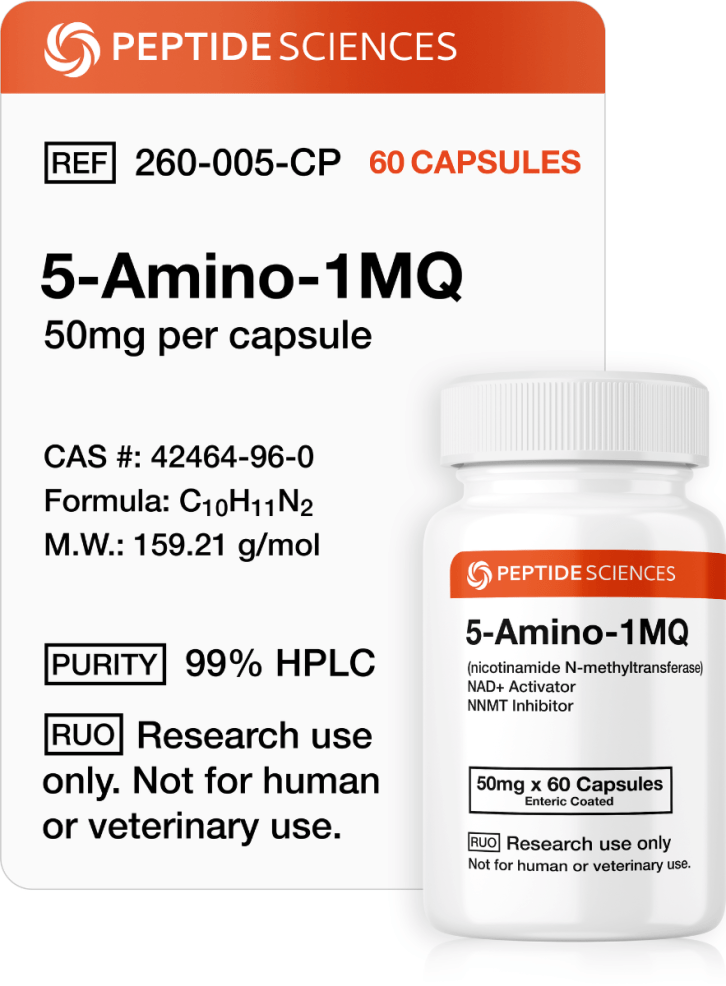 5-Amino-1MQ 50mg (60 Capsules) Premium USA PEPTIDE SCIENCES 5-Amino-1MQ 50mg oral research capsules bottle featuring the official product label.
