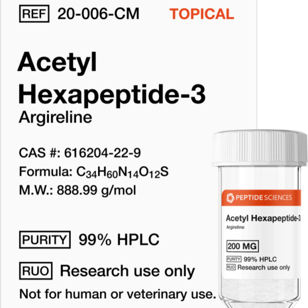 Premium USA PEPTIDE SCIENCES Acetyl Hexapeptide-3 200mg topical research vial featuring the official product label.