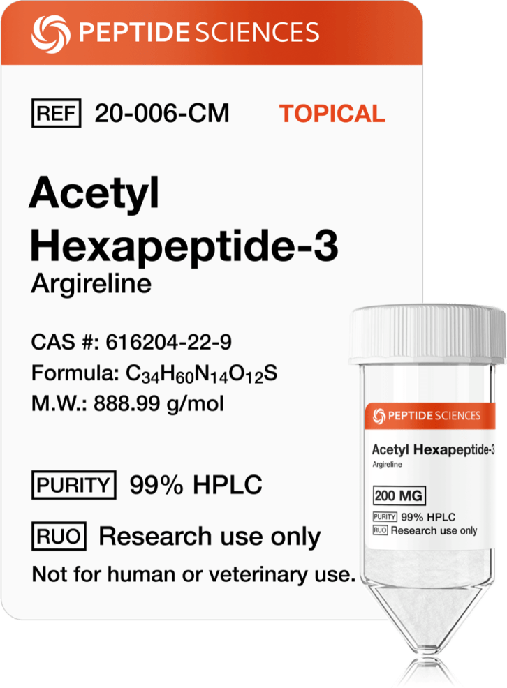 Acetyl Hexapeptide-3 (Argireline) 200mg (Topical) Premium USA PEPTIDE SCIENCES Acetyl Hexapeptide-3 200mg topical research vial featuring the official product label.