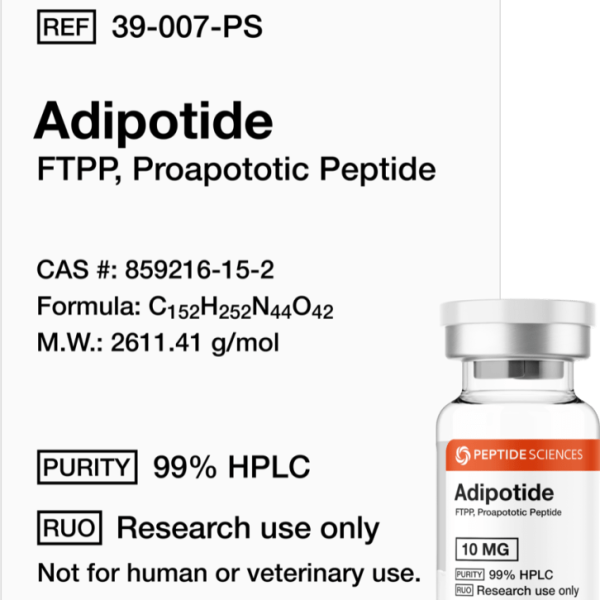 Premium USA PEPTIDE SCIENCES Adipotide 10mg metabolic research vial featuring the official product label.