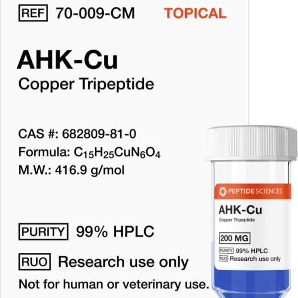 Premium USA PEPTIDE SCIENCES AHK-Cu 200mg topical research vial featuring the official product label.