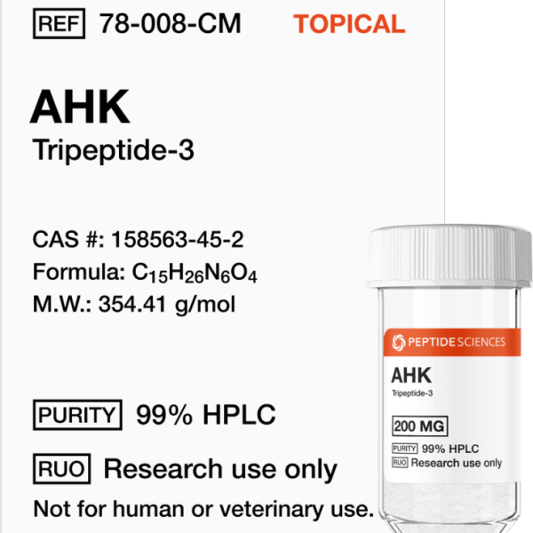 Premium USA PEPTIDE SCIENCES AHK 200mg topical research vial featuring the official product label.