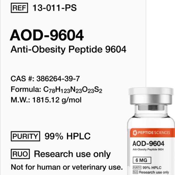 Premium USA PEPTIDE SCIENCES AOD9604 6mg metabolic research vial featuring the official product label.