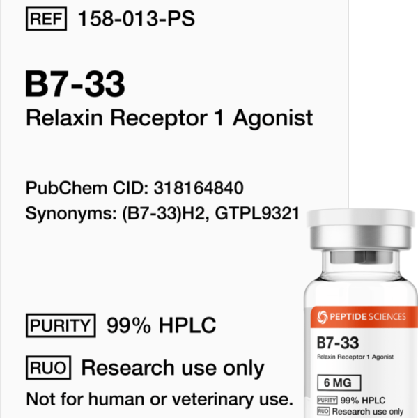 Premium USA PEPTIDE SCIENCES B7-33 6mg relaxin analogue research vial featuring the official product label.