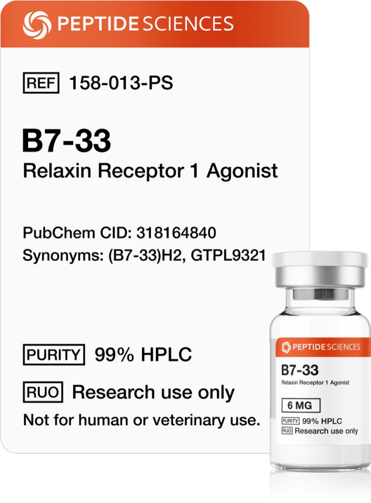 B7-33 (Relaxin Analog) 6mg Premium USA PEPTIDE SCIENCES B7-33 6mg relaxin analogue research vial featuring the official product label.