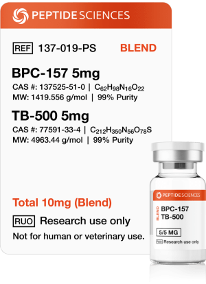 Professional USA PEPTIDE SCIENCES dual-action regenerative research vial displaying the combined BPC-157 and TB-500 10mg blend label.