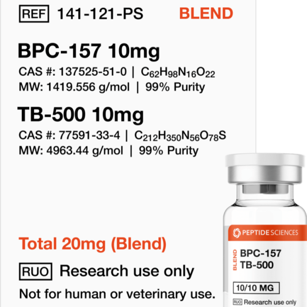 Professional USA PEPTIDE SCIENCES dual-action regenerative research vial displaying the combined BPC-157 and TB-500 20mg blend label.