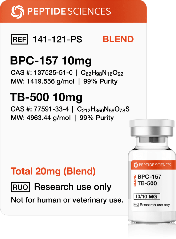 BPC-157, TB-500 20mg (Blend) Professional USA PEPTIDE SCIENCES dual-action regenerative research vial displaying the combined BPC-157 and TB-500 20mg blend label.