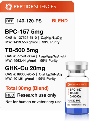 BPC-157, TB-500, GHK-Cu 30mg (Glow Blend) Professional USA PEPTIDE SCIENCES multi-pathway regenerative research vial featuring the official 30mg Glow Blend label.