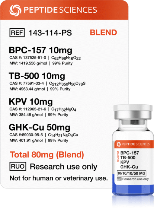 BPC-157, TB-500, KPV, GHK-Cu 80mg (Klow Blend) Professional USA PEPTIDE SCIENCES multi-pathway regenerative research vial featuring the official 80mg Klow Blend label.