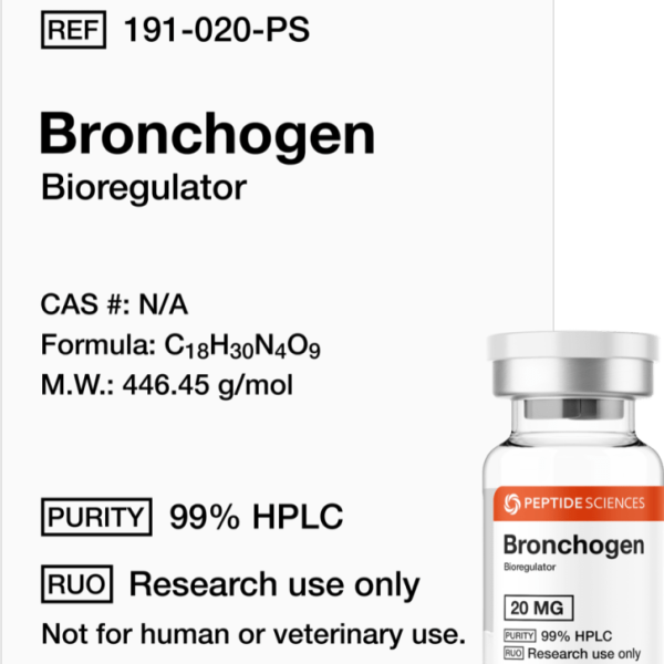 Premium USA PEPTIDE SCIENCES Bronchogen 20mg pulmonary bioregulator research vial featuring the official product label.