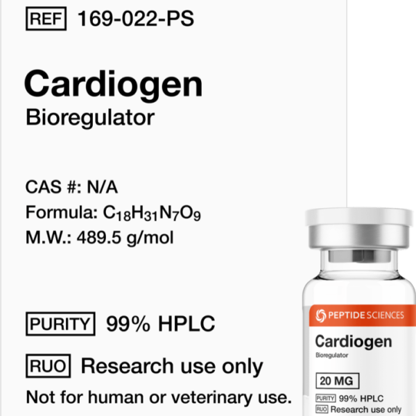 Premium USA PEPTIDE SCIENCES Cardiogen 20mg cardiovascular bioregulator research vial featuring the official product label.