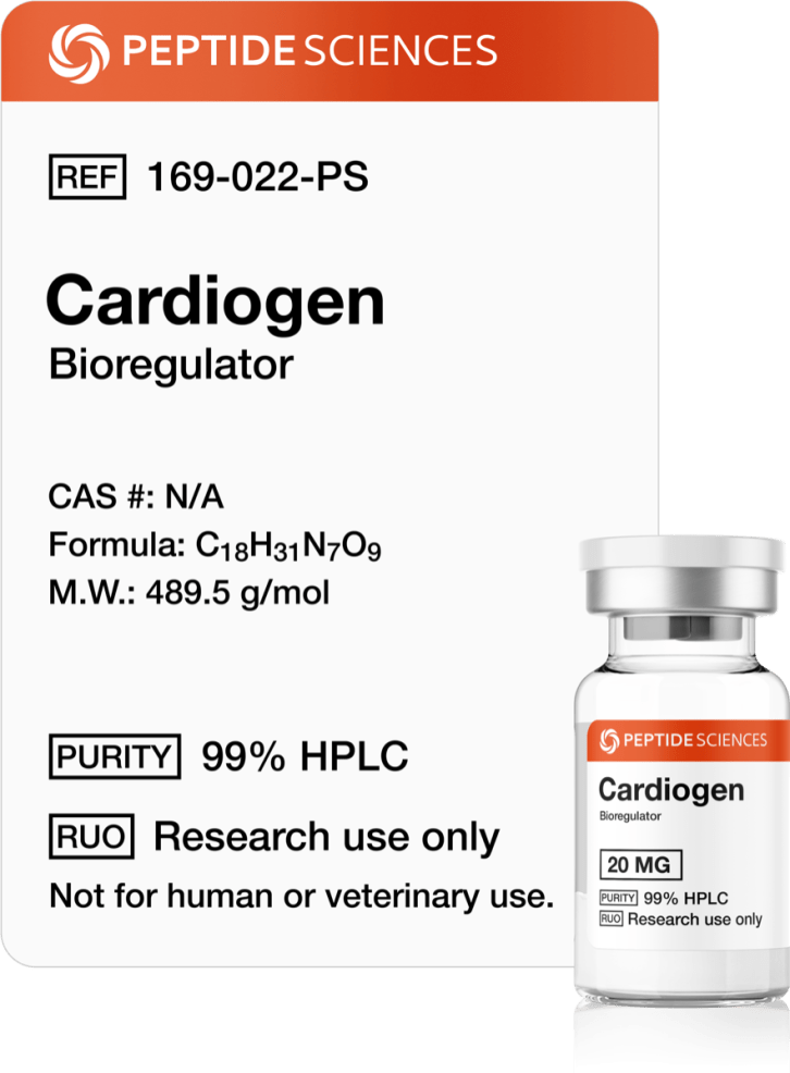 Cardiogen 20mg (Bioregulator) Premium USA PEPTIDE SCIENCES Cardiogen 20mg cardiovascular bioregulator research vial featuring the official product label.