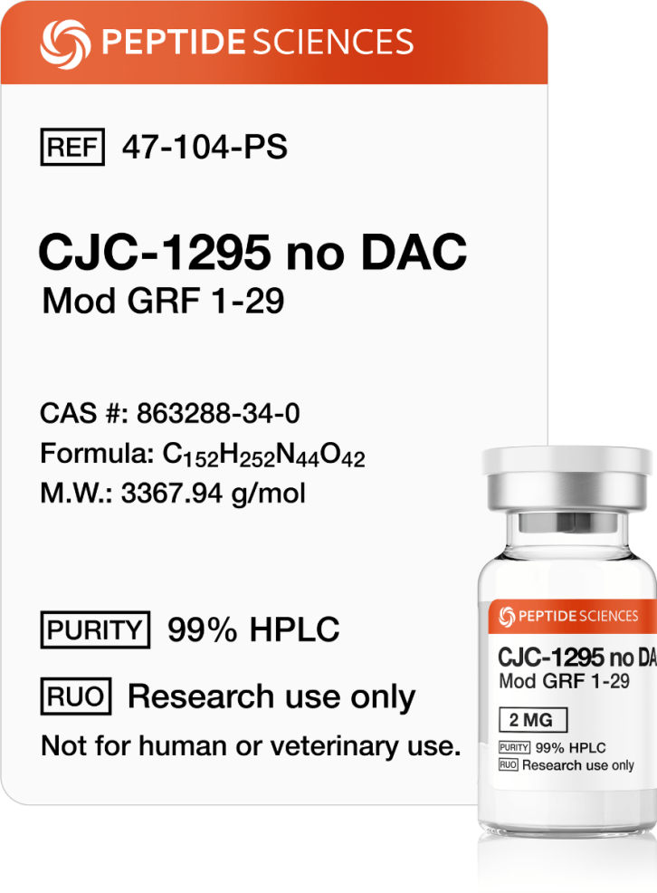 CJC-1295 no DAC 5mg (Mod GRF 1-29) Premium USA PEPTIDE SCIENCES CJC-1295 No DAC 5mg somatotropic research vial featuring the official Mod GRF 1-29 product label.