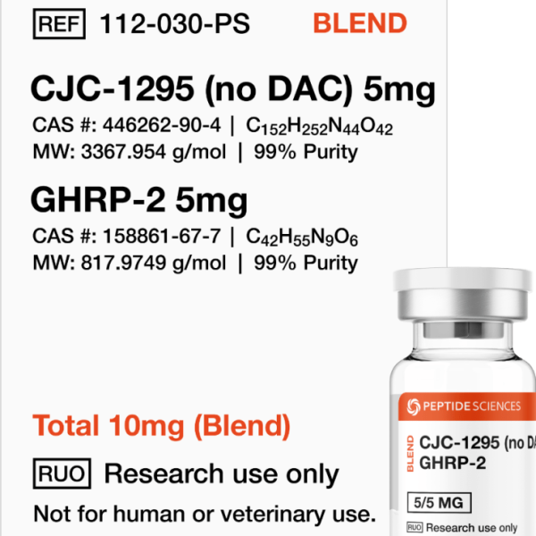 Professional USA PEPTIDE SCIENCES dual-action research vial displaying the combined CJC-1295 No DAC and GHRP-2 10mg blend label.