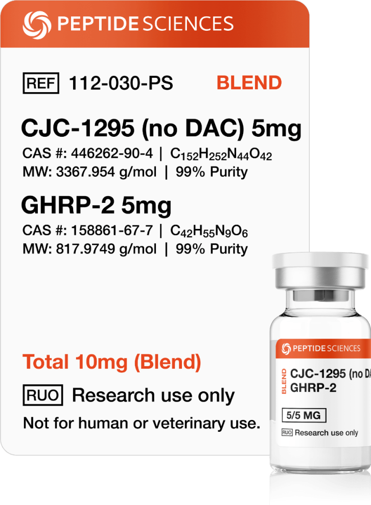 CJC-1295 (No DAC), GHRP-2 10mg (Blend) Professional USA PEPTIDE SCIENCES dual-action research vial displaying the combined CJC-1295 No DAC and GHRP-2 10mg blend label.