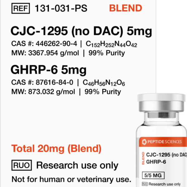 Professional USA PEPTIDE SCIENCES dual-action research vial displaying the combined CJC-1295 No DAC and GHRP-6 10mg blend label.