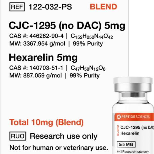 Professional USA PEPTIDE SCIENCES dual-action research vial displaying the combined CJC-1295 No DAC and Hexarelin 10mg blend label.