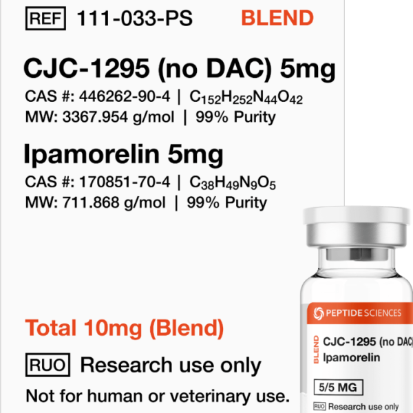 Professional USA PEPTIDE SCIENCES dual-action research vial displaying the combined CJC-1295 No DAC and Ipamorelin 10mg blend label.