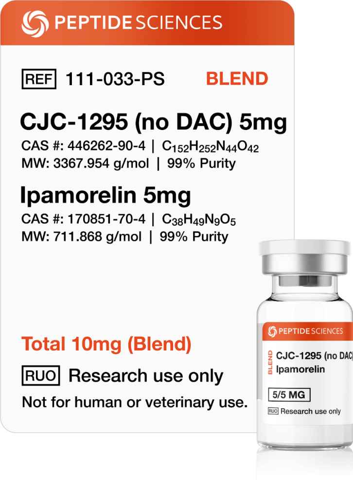 CJC-1295 (No DAC), Ipamorelin 10mg (Blend) Professional USA PEPTIDE SCIENCES dual-action research vial displaying the combined CJC-1295 No DAC and Ipamorelin 10mg blend label.
