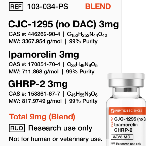 Professional USA PEPTIDE SCIENCES triple-action research vial displaying the combined CJC-1295 No DAC, Ipamorelin, and GHRP-2 blend label.