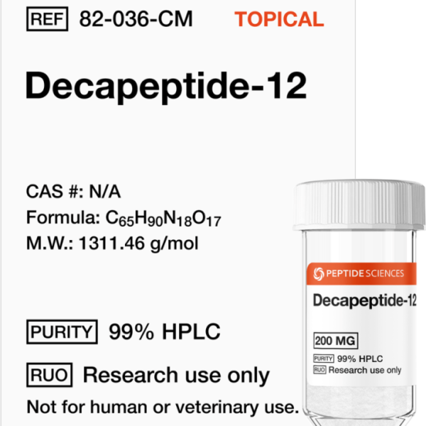 Premium USA PEPTIDE SCIENCES Decapeptide-12 tyrosinase inhibitor research vial featuring the official product label.