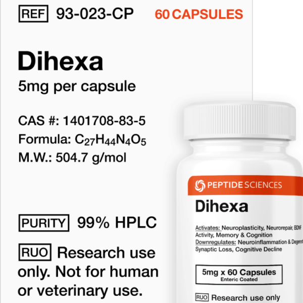 High-purity USA PEPTIDE SCIENCES Dihexa 5mg capsules research bottle displaying official batch labels and 60-count volume specifications.