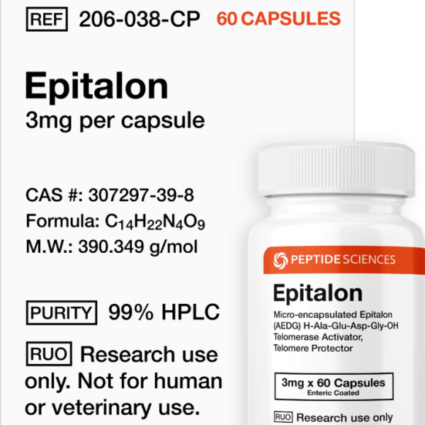 High-purity USA PEPTIDE SCIENCES Epitalon 3mg capsules research bottle displaying official batch labels and 60-count volume specifications.