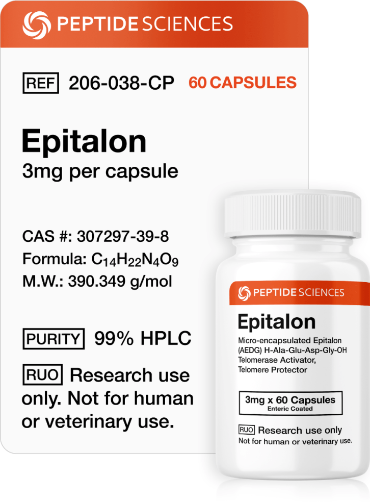 Epitalon 3mg (60 capsules) (Telomere Length) High-purity USA PEPTIDE SCIENCES Epitalon 3mg capsules research bottle displaying official batch labels and 60-count volume specifications.