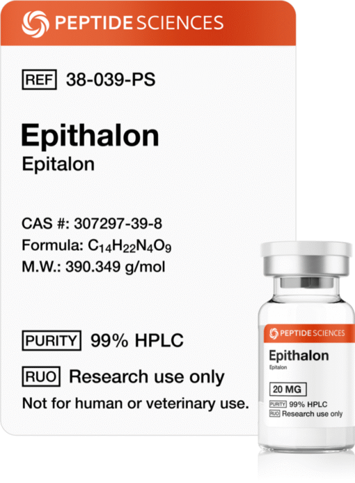 Epithalon (Epitalon) 20mg Premium USA PEPTIDE SCIENCES Epithalon 20mg cellular longevity research vial featuring the official product label.