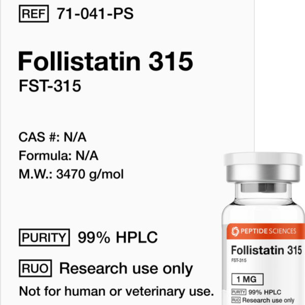 Premium USA PEPTIDE SCIENCES Follistatin 315 1mg myostatin inhibitor research vial featuring the official product label.