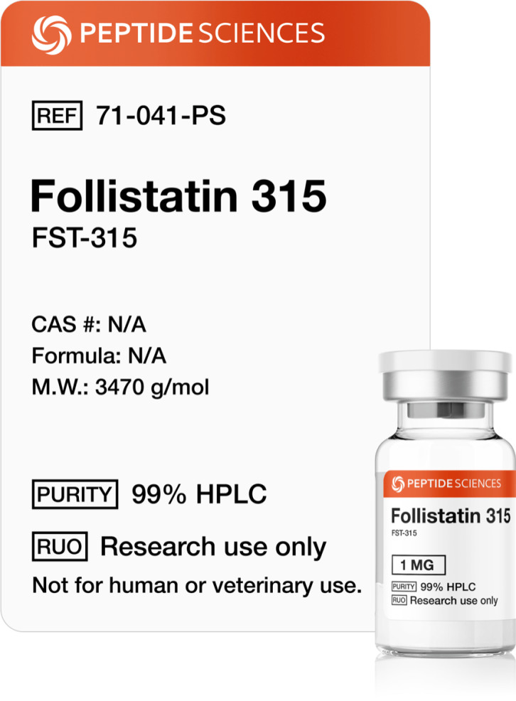 Follistatin 315 1mg Premium USA PEPTIDE SCIENCES Follistatin 315 1mg myostatin inhibitor research vial featuring the official product label.