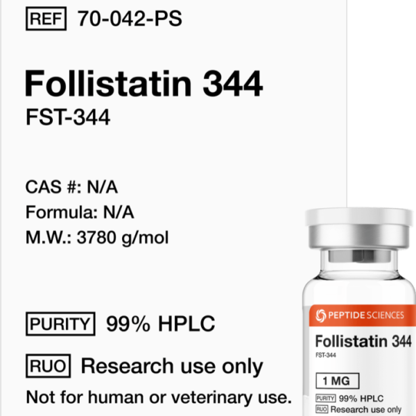 Premium USA PEPTIDE SCIENCES Follistatin 344 1mg myostatin inhibitor research vial featuring the official product label.