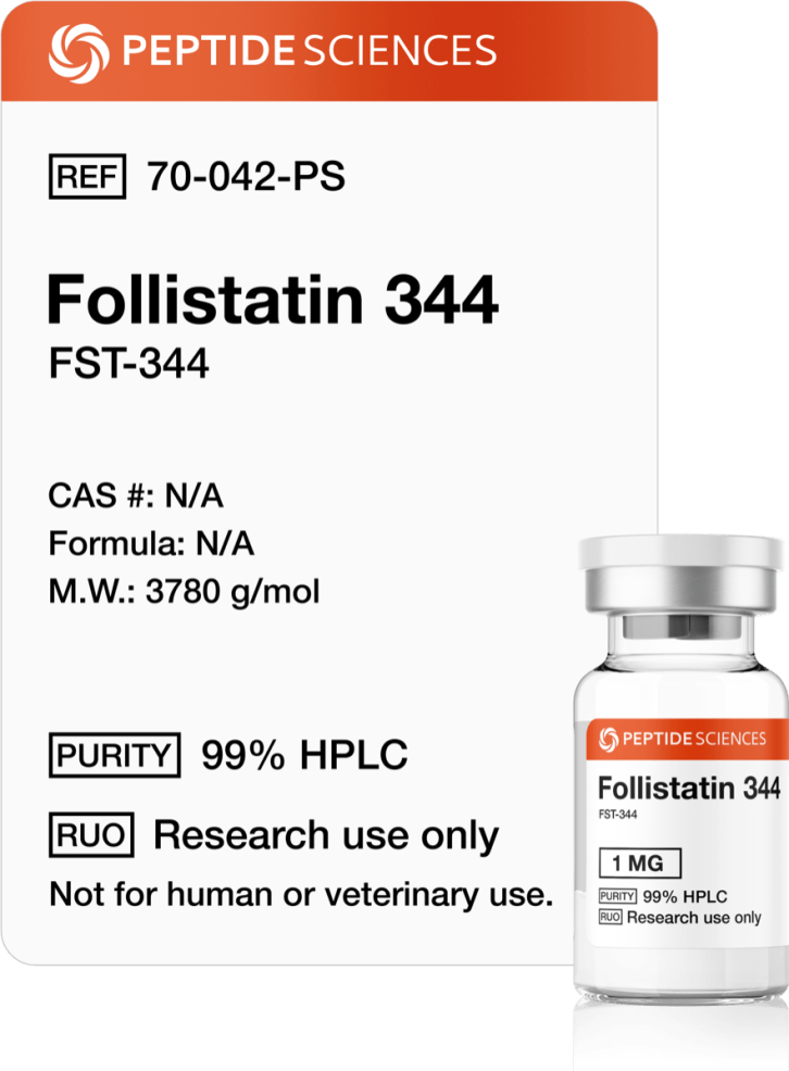 Follistatin 344 1mg Premium USA PEPTIDE SCIENCES Follistatin 344 1mg myostatin inhibitor research vial featuring the official product label.
