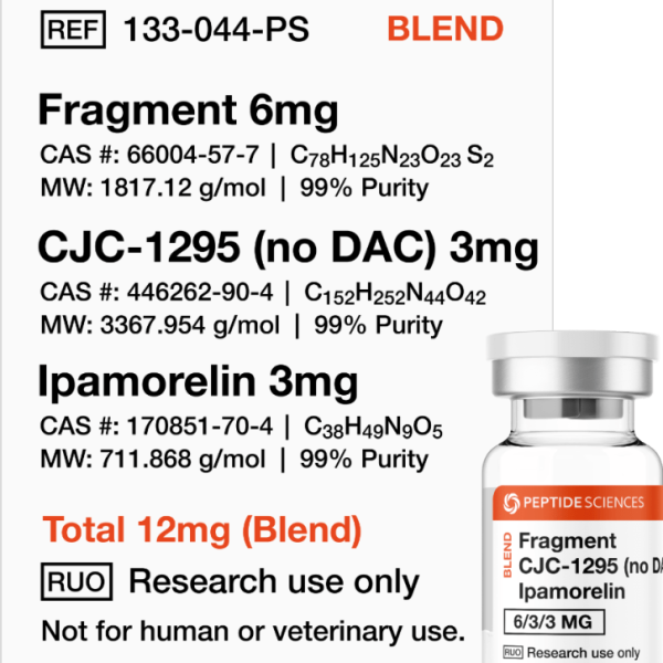 Professional USA PEPTIDE SCIENCES triple-action research vial displaying the combined Fragment, CJC-1295 No DAC, and Ipamorelin 12mg blend label.