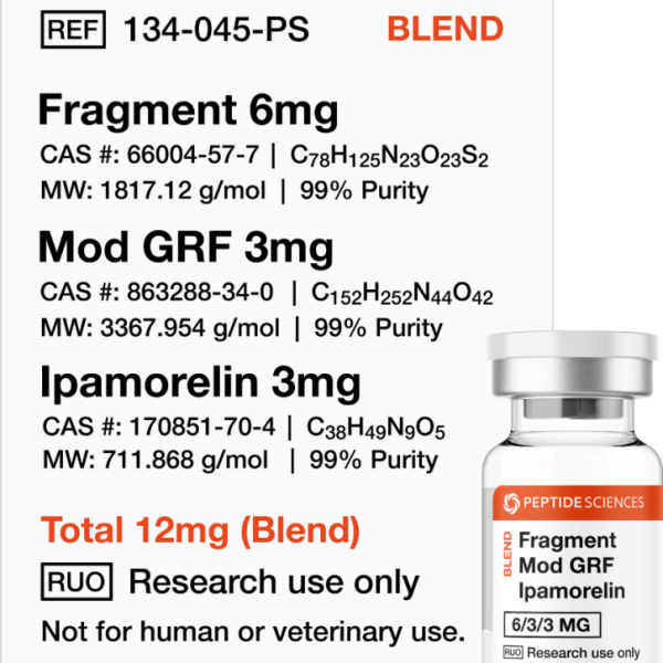 Professional USA PEPTIDE SCIENCES triple-action research vial displaying the combined Fragment, Modified GRF, and Ipamorelin 12mg blend label.