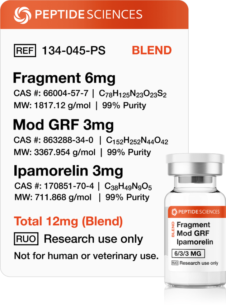 Fragment, Modified GRF, Ipamorelin 12mg (Blend) Professional USA PEPTIDE SCIENCES triple-action research vial displaying the combined Fragment, Modified GRF, and Ipamorelin 12mg blend label.