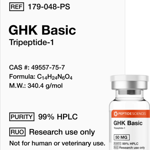 Premium GHK Basic 50mg uncomplexed tripeptide research vial featuring the official USA PEPTIDE SCIENCES label.