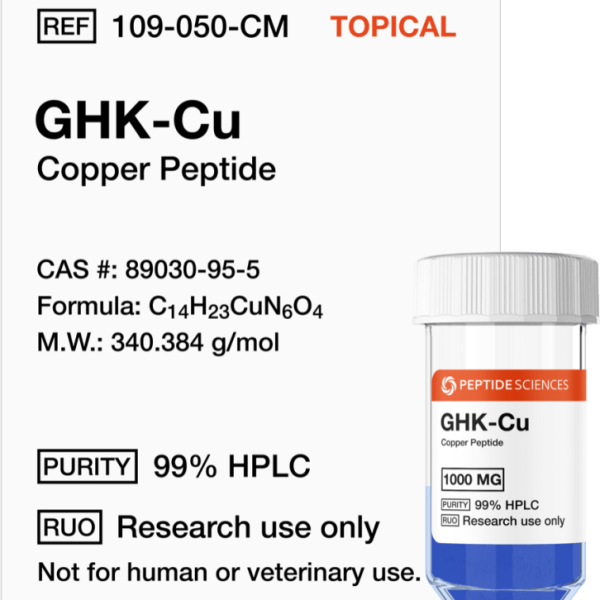 Bulk USA PEPTIDE SCIENCES GHK-Cu 1g (1000mg) topical-grade raw research powder bottle displaying official batch labels.