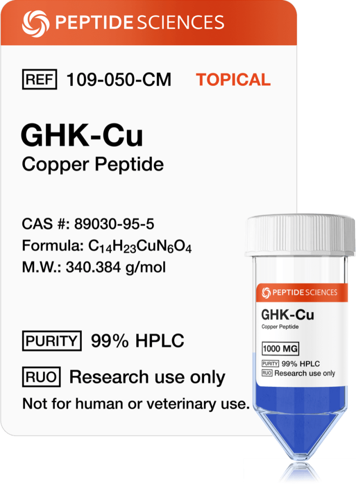 GHK-Cu 1gram (Copper Peptide) (1000mg) (Topical) Bulk USA PEPTIDE SCIENCES GHK-Cu 1g (1000mg) topical-grade raw research powder bottle displaying official batch labels.