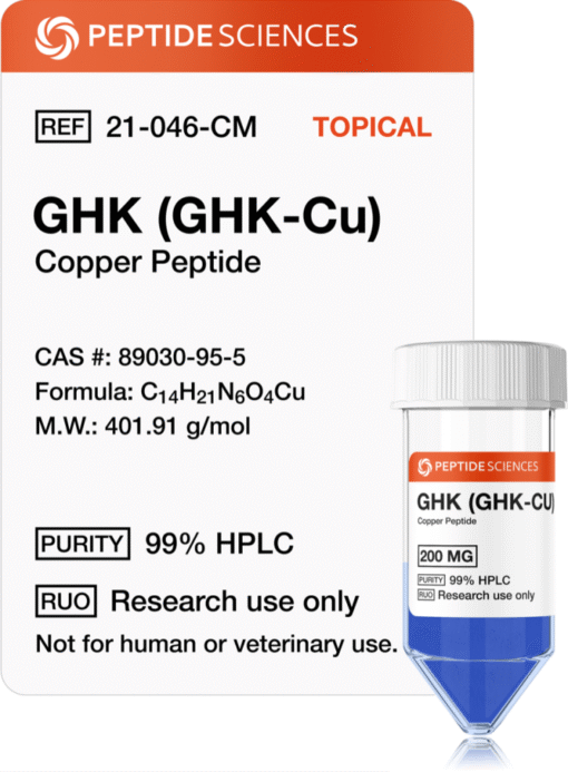 GHK-Cu 200mg (Copper Peptide) (Topical) Bulk USA PEPTIDE SCIENCES GHK-Cu 200mg topical-grade raw research powder bottle displaying official batch labels.