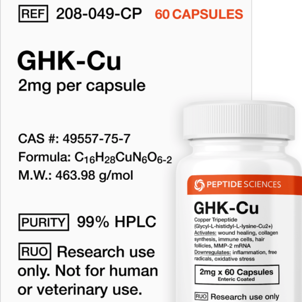 High-purity USA PEPTIDE SCIENCES GHK-Cu 2mg capsules research bottle displaying official batch labels and 60-count volume specifications.