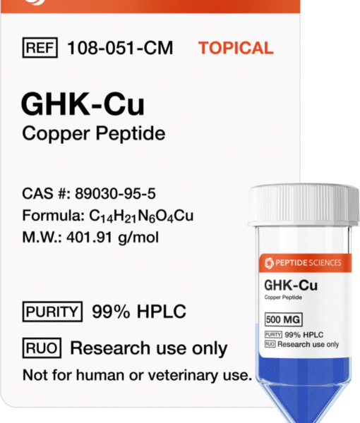 Bulk USA PEPTIDE SCIENCES GHK-Cu 500mg topical-grade raw research powder bottle displaying official batch labels.
