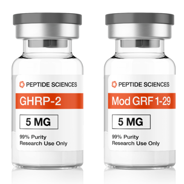 Professional USA PEPTIDE SCIENCES research kit box displaying the combined GHRP-2 5mg and CJC-1295 No DAC 5mg multi-vial array.