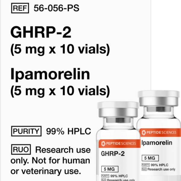 Professional USA PEPTIDE SCIENCES research kit box displaying the combined GHRP-2 5mg and Ipamorelin 5mg multi-vial array.