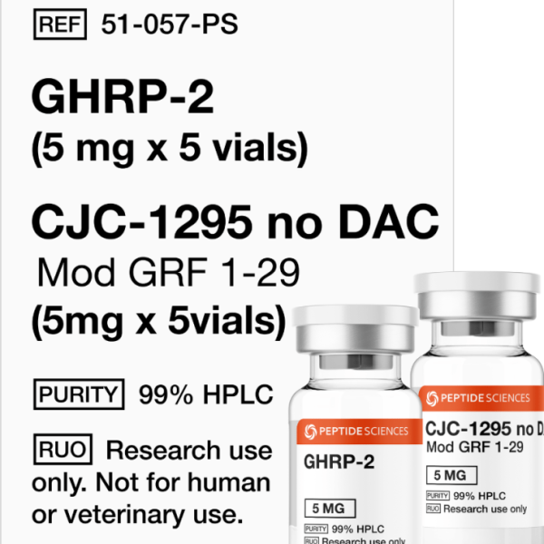 Professional USA PEPTIDE SCIENCES research kit box displaying the combined GHRP-2 5mg and CJC-1295 No DAC 5mg multi-vial array.