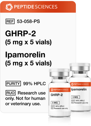 Professional USA PEPTIDE SCIENCES research kit box displaying the combined GHRP-2 5mg and Ipamorelin 5mg multi-vial array.
