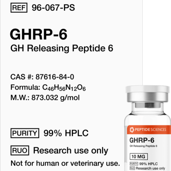 Premium GHRP-6 10mg growth hormone secretagogue research vial featuring the official USA PEPTIDE SCIENCES label.