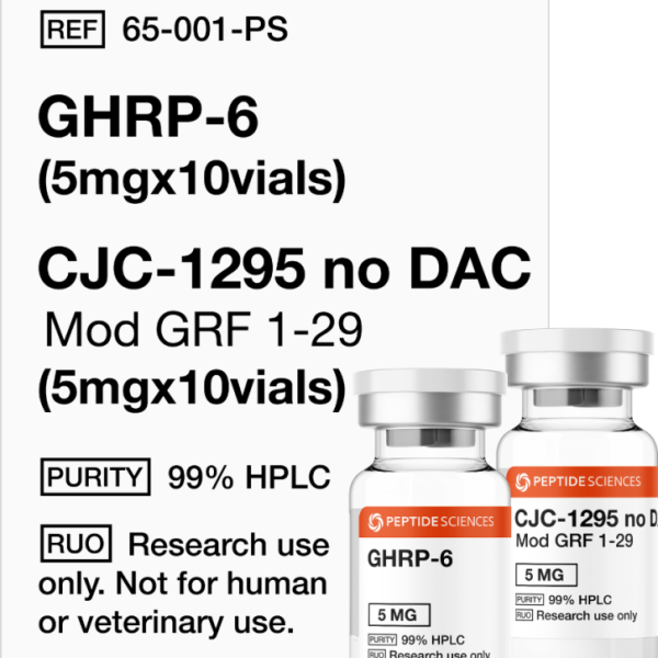 Professional USA PEPTIDE SCIENCES research kit box displaying the combined GHRP-6 5mg and CJC-1295 No DAC 5mg multi-vial array.